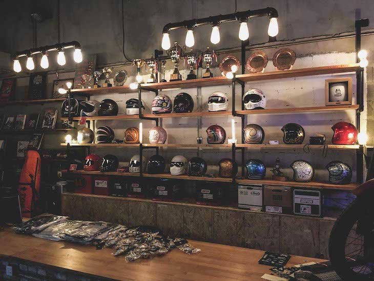 Varios helmets and trophies collection at shop in China