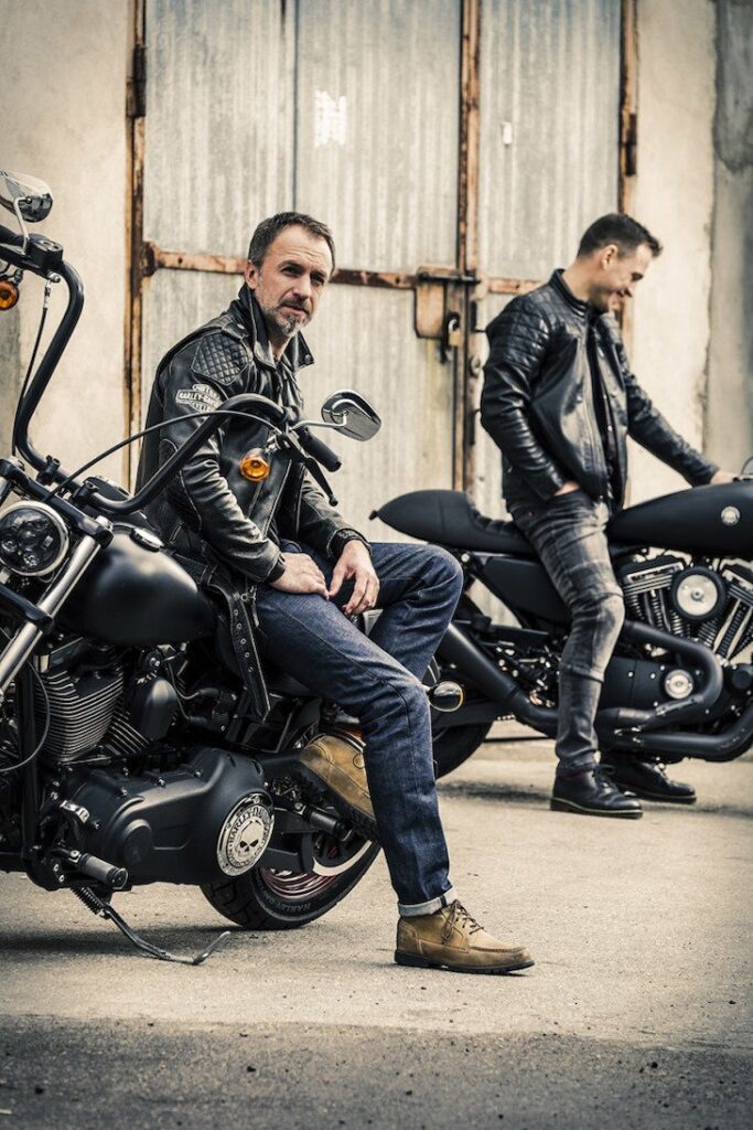 Two bikers in Pando Moto motorcycle jeans posing