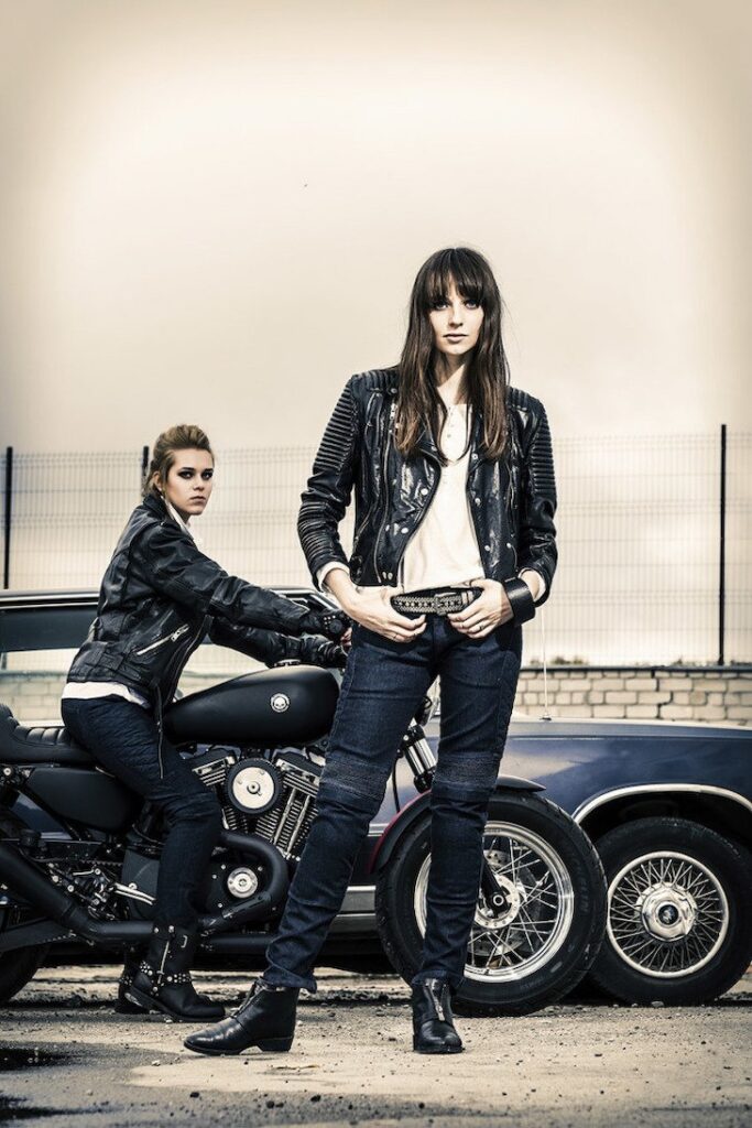 Two biker women presenting Motorcycle jeans