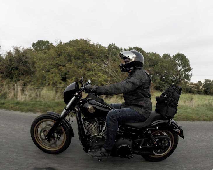 Biker riding his dyna wearing Pando Moto motorcyle jeans