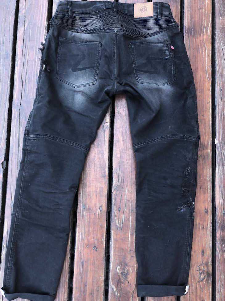 Pando Moto Karl Devil motorcycle jeans from the back after crash
