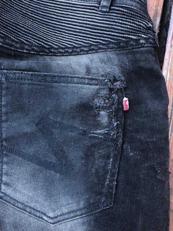 Pando Moto Karl Devil motorcycle jeans back area after crash photo 2