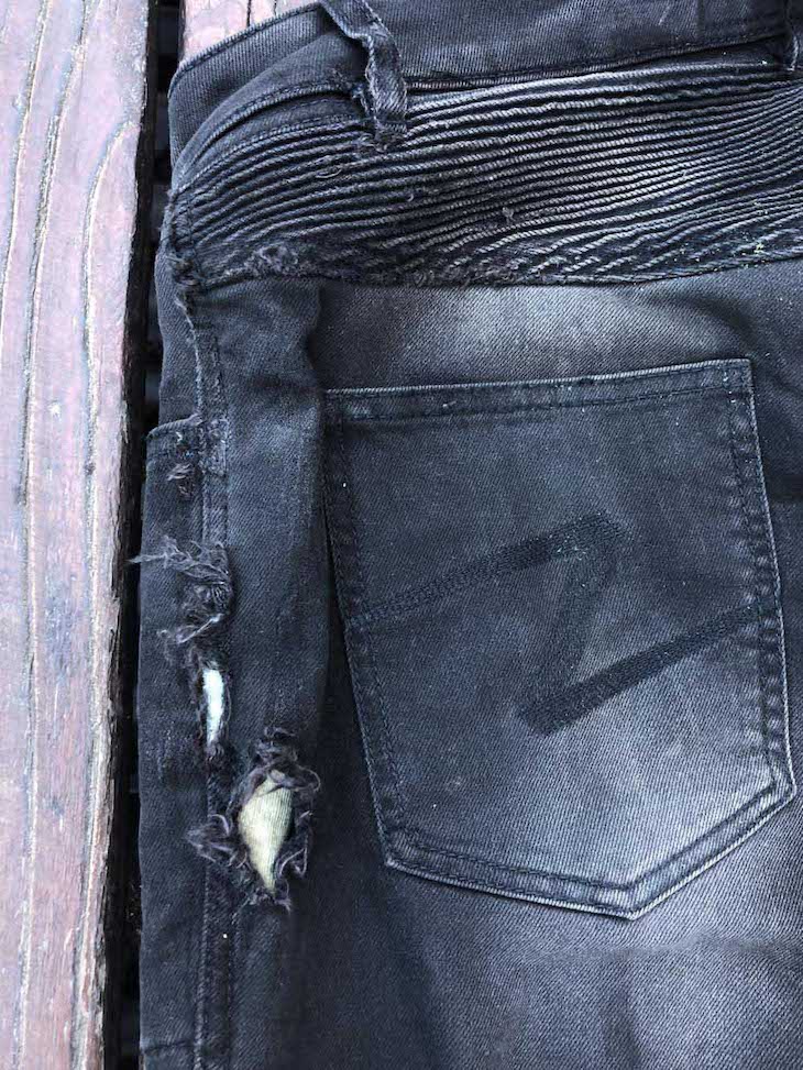 Pando Moto Karl Devil motorcycle jeans back area after crash