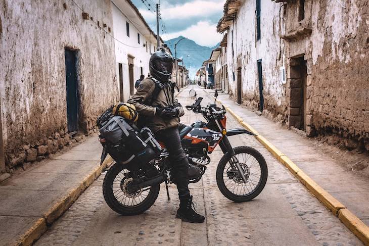 Enduro motorcycle in a small town in South America