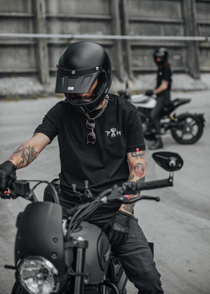 A biker in a full face helmet